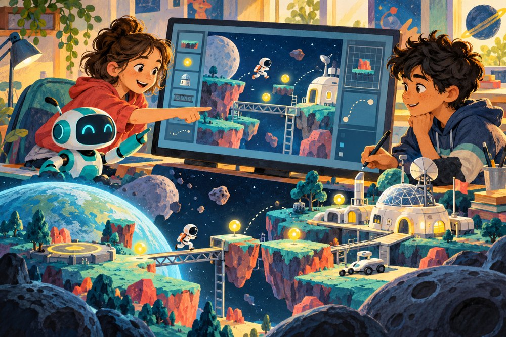 Illustration d’un atelier de création de jeux avec deux élèves et un petit robot